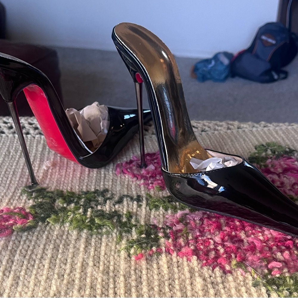 Black patent never worn open heel mules, very sexy, wonder heel